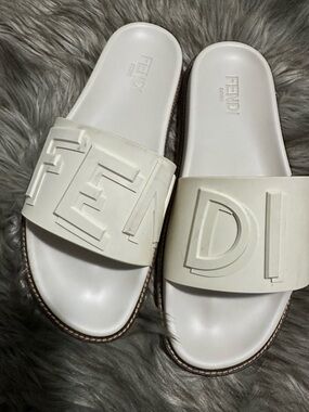 Fendi Cream Embossed Logo Slide Sandals